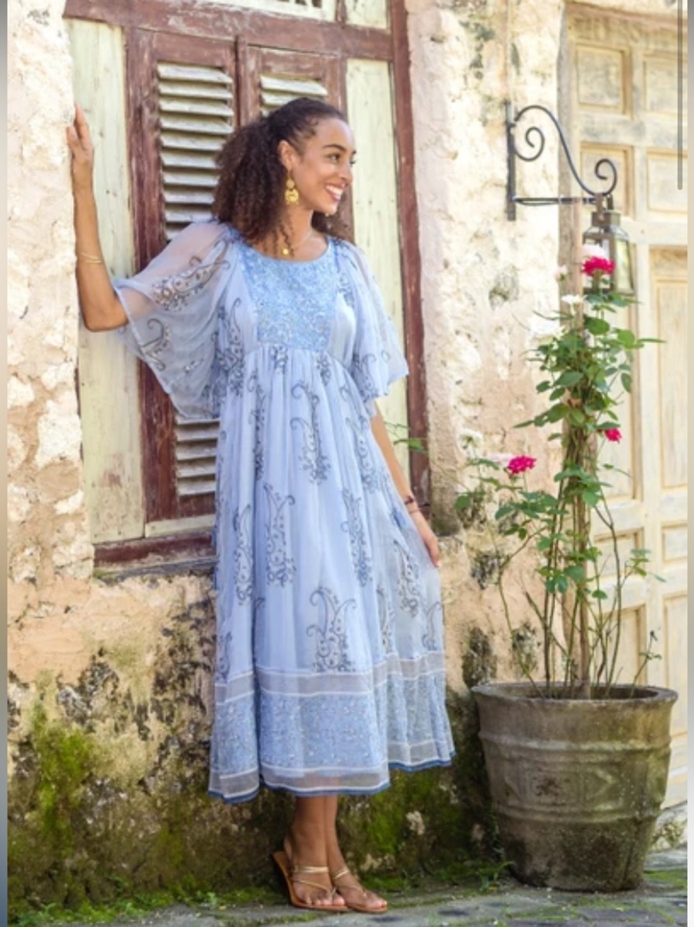 Novica Light Blue Dress with Flutter Sleeves